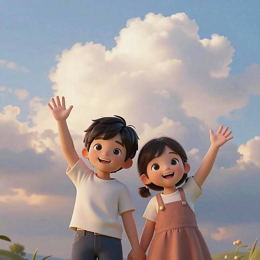 Adorable Boy and Girl Waving Hands