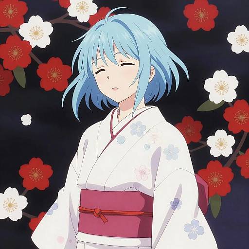 Serene Anime Woman in Floral Kimono