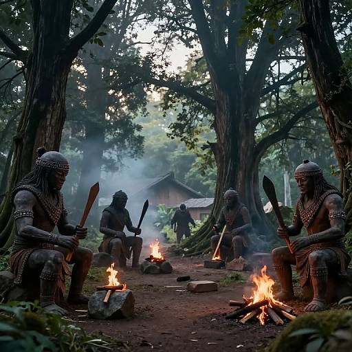 Photograph of four stone warriors with raised swords, seated around campfires in a misty, dense forest, with a traditional wooden hut in the background