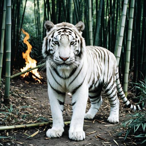 White Tiger in Bamboo Forest with Fire