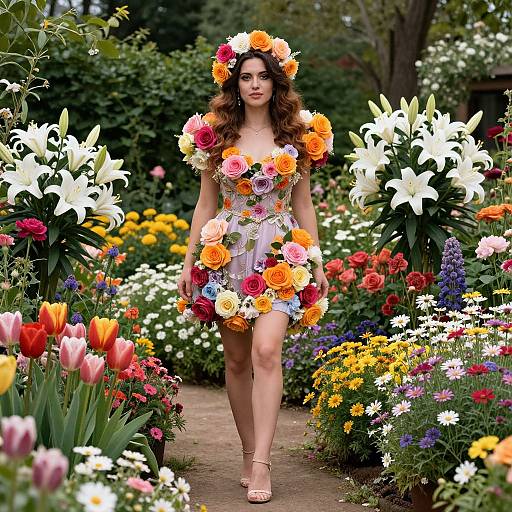 Photograph of a curly-haired woman with a flower crown and dress adorned with vibrant flowers, walking through a colorful, blooming garden.