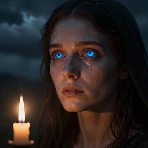 Photorealistic digital portrait of a young woman with glowing blue eyes, wet face, and dark hair, illuminated by a single candle in a stormy