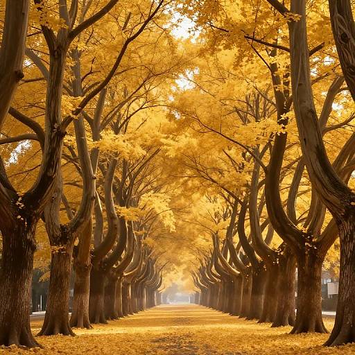 Photograph of a tree-lined path with tall, twisted trees covered in vibrant, golden-yellow autumn leaves, creating a radiant, tunnel-like effect. Sun