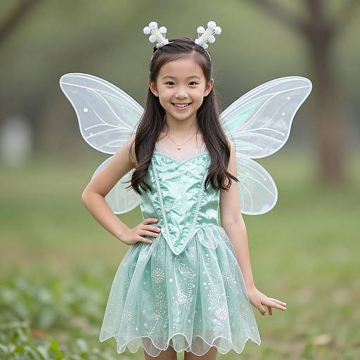 Photograph of a smiling Asian girl with long black hair, wearing a light blue fairy dress, transparent wings, and white butterfly headband, standing in