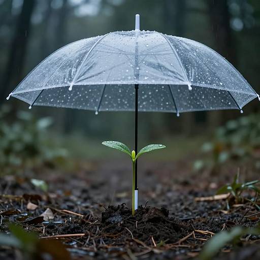 Photograph of a small green plant with two leaves under a clear, rain-speckled umbrella in a dark, forested background.