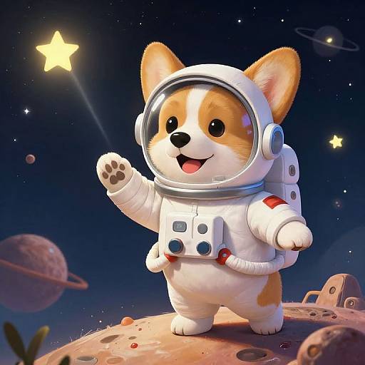 Cute digital illustration of a chubby, brown and white corgi in a white astronaut suit waving on a moonlit planet with stars, planets,