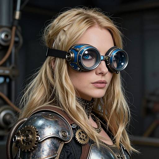 Photograph of a blonde woman with steampunk goggles, wearing metallic armored shoulder plates, in a dark, industrial background.