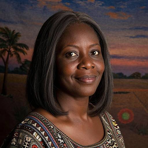 Photograph of a smiling African woman with dark skin and straight black hair, wearing an intricate, patterned top, against a sunset sky with palm trees