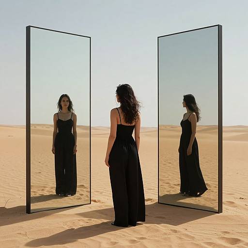 Photograph of a woman with curly hair in a black, sleeveless dress standing in a desert, facing two tall, vertical mirrors reflecting her image.