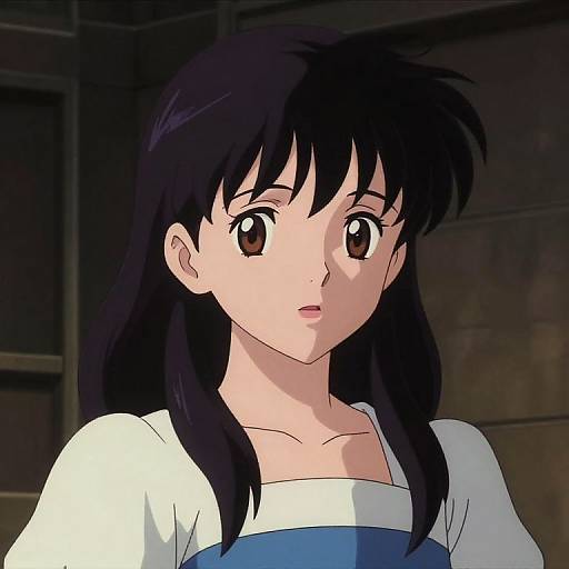 Anime-style digital drawing of a young woman with long black hair, large brown eyes, white and blue shirt, surprised expression, dark background.