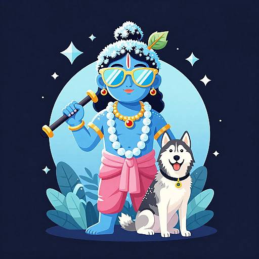 Digital illustration of blue-skinned Lord Shiva with yellow sunglasses, white flower garland, pink dhoti, holding trident, standing beside a