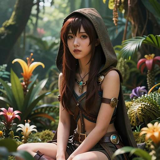 Digital art: Anime-style young woman with dark brown hair and green hood, wearing brown leather armor with metal accents, sitting in a vibrant, sunlit
