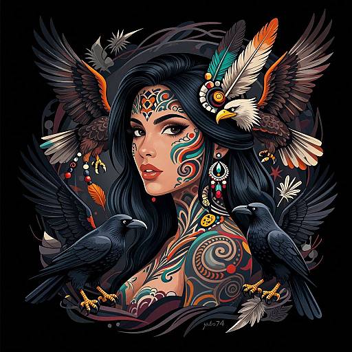 Digital artwork of a tattooed woman with dark hair, surrounded by colorful birds, intricate feather and tribal designs, and vivid face paint, set against a