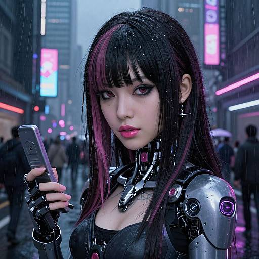 Cyberpunk-style photograph of a pale-skinned Asian woman with black and pink hair, holding a phone in a rain-soaked, neon-lit