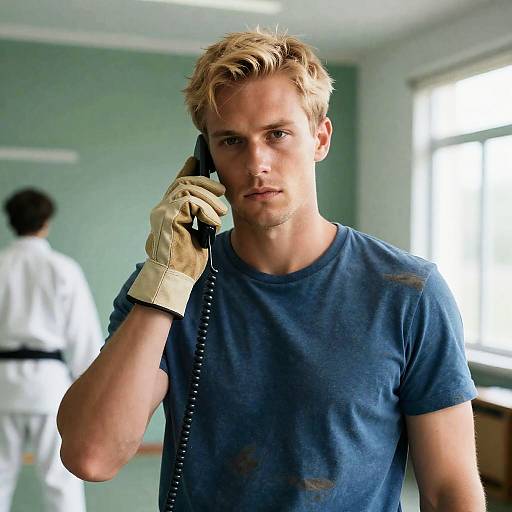 Blonde Man in Serious Communication