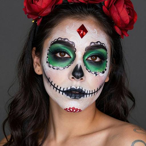 Photograph of a woman with Day of the Dead makeup: white face paint, green and black eye shadow, black nose and mouth, red lips,