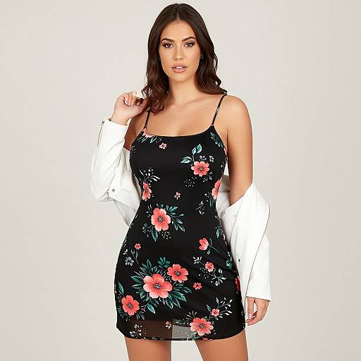 Photograph of a woman with long brown hair, wearing a black floral dress with pink flowers, white off-shoulder jacket, standing against a plain