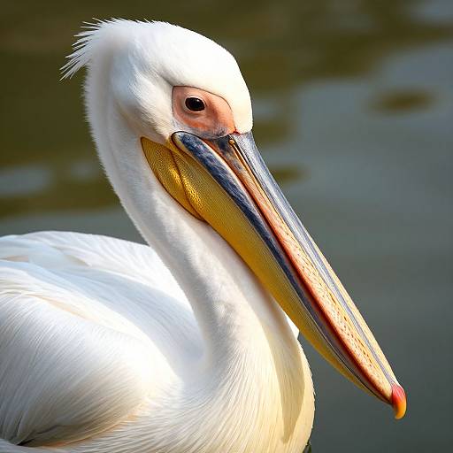Close-up photograph of a white pelican with a shiny yellow-orange beak and pinkish-tinted skin around its eyes, against a blurred green