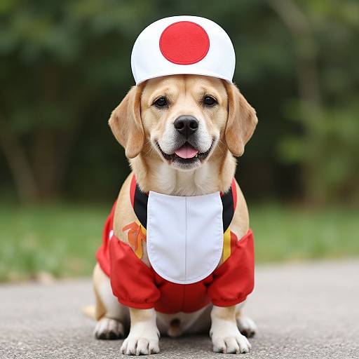 Cute golden retriever puppy wearing a red and white nurse outfit with a cap, sitting on a paved path, green blurred background. Photograph.