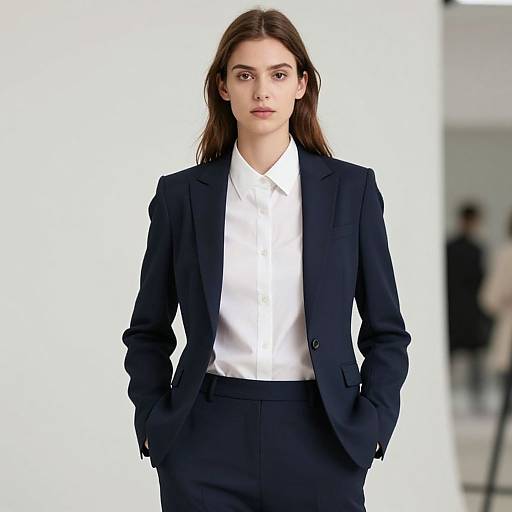 Photograph of a serious young woman with long brown hair, wearing a black blazer, white shirt, and black pants, standing with hands in pockets