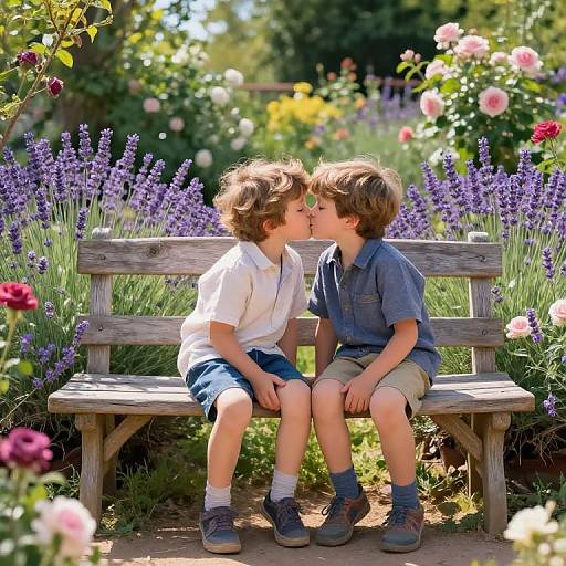 French Boys Kissing in Sunlit Garden