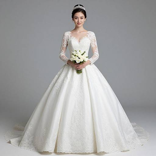 Photograph of a beautiful Asian bride with dark hair, wearing a white, lace-covered, long-sleeve wedding gown, holding a bouquet of white
