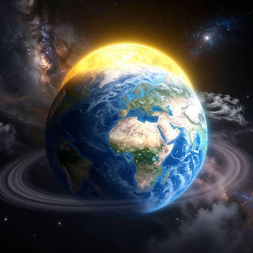 Digital artwork of Earth with a glowing yellow sun behind it, surrounded by dark space, clouds, and rings.