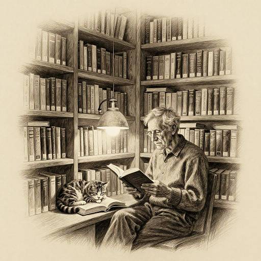 Elderly Man Reading in Library Corner