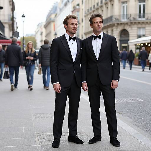Photograph of two tall, handsome men in black tuxedos with white shirts and black bow ties, standing on a busy city street with blurred