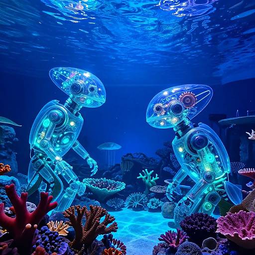 Photograph of two glowing blue robotic jellyfish with illuminated circuits, swimming among vibrant coral reefs in an underwater aquarium.