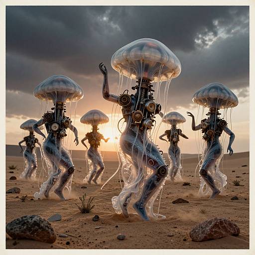 Photograph of surreal desert scene featuring five robotic, jellyfish-like creatures with glowing umbrellas and long tentacles, silhouetted against a dramatic