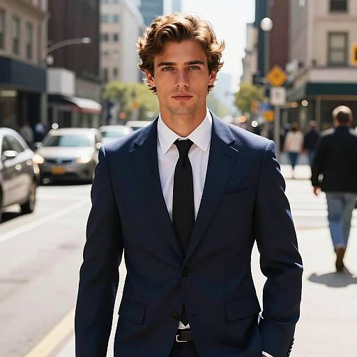 Confident Man in Blue Suit on City Street