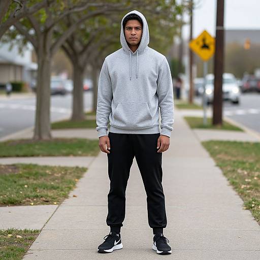 Photograph of a young man with medium brown skin, short black hair, and a beard, wearing a gray hoodie, black joggers, and black