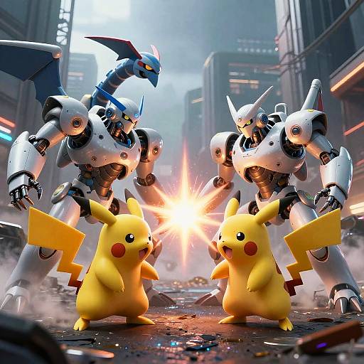CGI image of two Pikachu with red cheeks, yellow bodies, and lightning tails facing three white and blue robotic mechas in a futuristic urban battlefield,