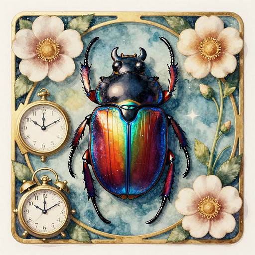 Iridescent Scarab Beetle with Art Nouveau Flowers and Clocks
