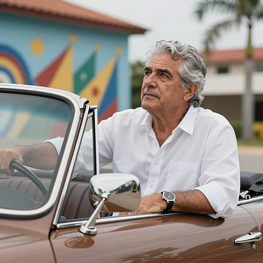 Middle-Aged Man with Vintage Car Background