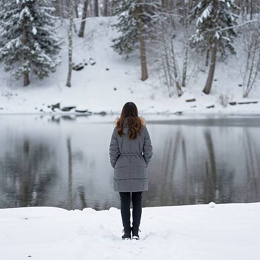 Woman by Lake in Winter Snow