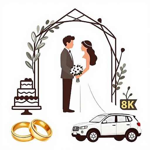 Minimalist digital illustration of a bride and groom kissing under a simple arch, with rings, cake, and a car in foreground.