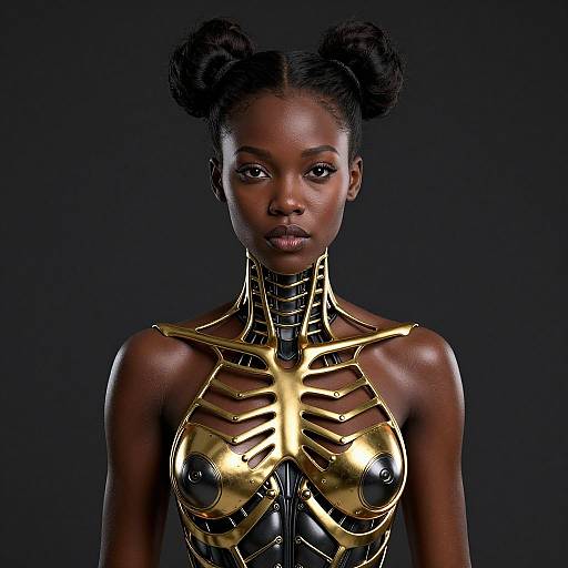 Photograph of a dark-skinned woman with double-bunned hair, wearing a futuristic, golden chest plate with black accents, exposing her collarbones against