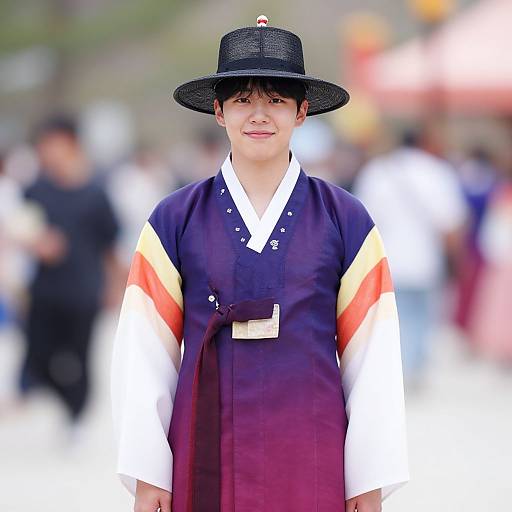 Photograph of a young woman in traditional Japanese attire, wearing a black hat, white sleeves, and a navy robe with orange and white stripes, standing