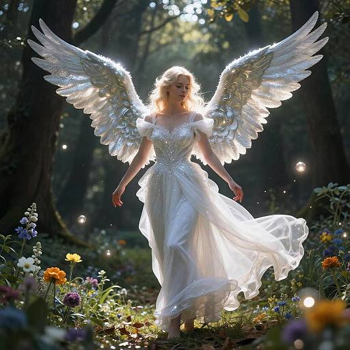 Photograph of a radiant, blonde angelic woman with glowing white wings, wearing a flowing, sparkly white dress, walking through a sunlit,