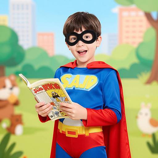 Photograph of a young boy in a colorful Superman costume, black mask, red cape, and blue shirt, reading a comic book outdoors on a bright