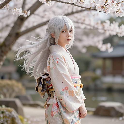 Photograph of an East Asian woman with long white hair, wearing a floral kimono, standing in a cherry blossom garden, looking back. Bright sunlight
