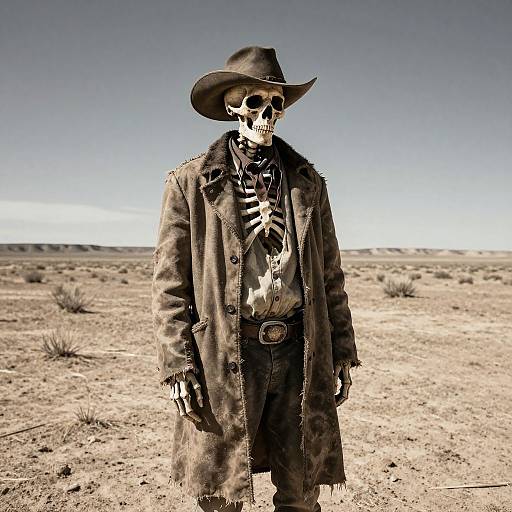 Photograph of a skeletal figure wearing a dirty cowboy coat, hat, and skeletal shirt, standing in a barren desert under a clear blue sky.