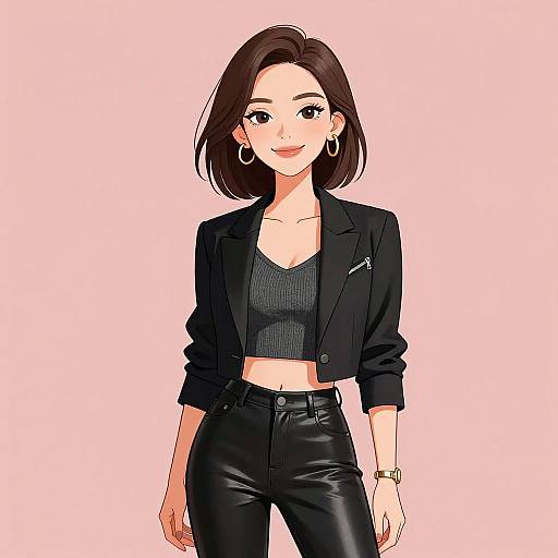 Digital anime-style drawing of a smiling woman with shoulder-length brown hair, wearing a black crop top, jacket, and leather pants.