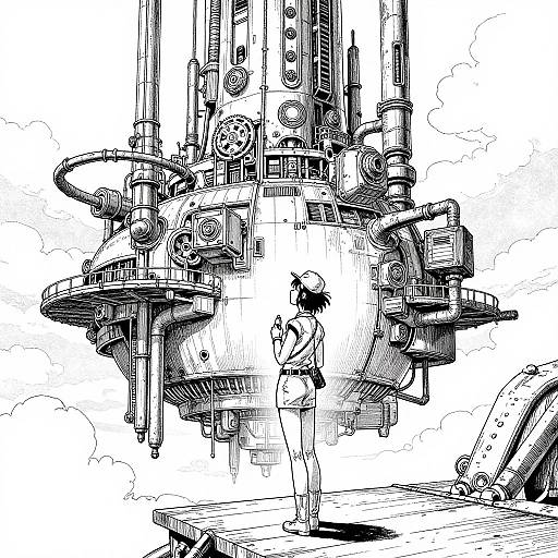 Intricate black-and-white pen drawing of a small human standing before a towering, complex, mechanical structure with pipes and gears.