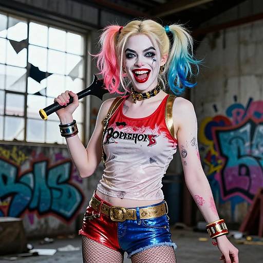 Photograph of Harley Quinn in an abandoned, graffiti-covered warehouse. She wears a red-and-white 