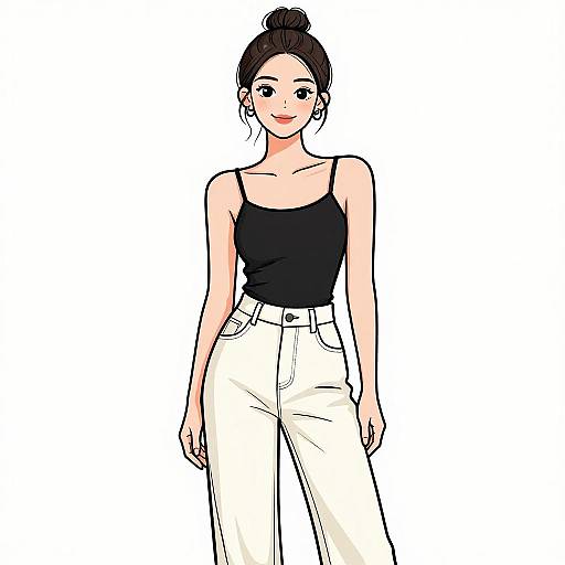 Digital drawing of a smiling woman with dark hair in a bun, wearing a black tank top and white high-waisted pants.