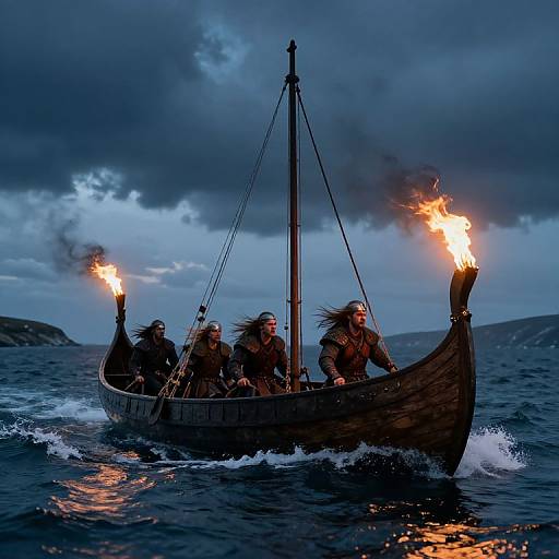 Photograph of four Viking warriors in a wooden longship, sailing through dark, stormy waters, with fiery torches illuminating their determined faces.