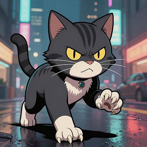 Digital cartoon of a fierce, black-and-white cat with yellow eyes, a blue collar, and sharp claws, prowling a neon-lit, rainy